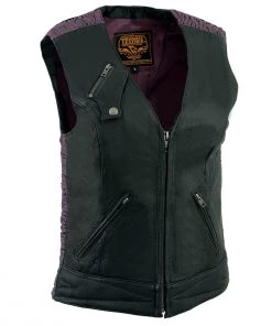 Motorcycle Vests Milwaukee Leather MLL4571 Ladies 'Crinkled' Black And Purple Lightweight Leather Vest
