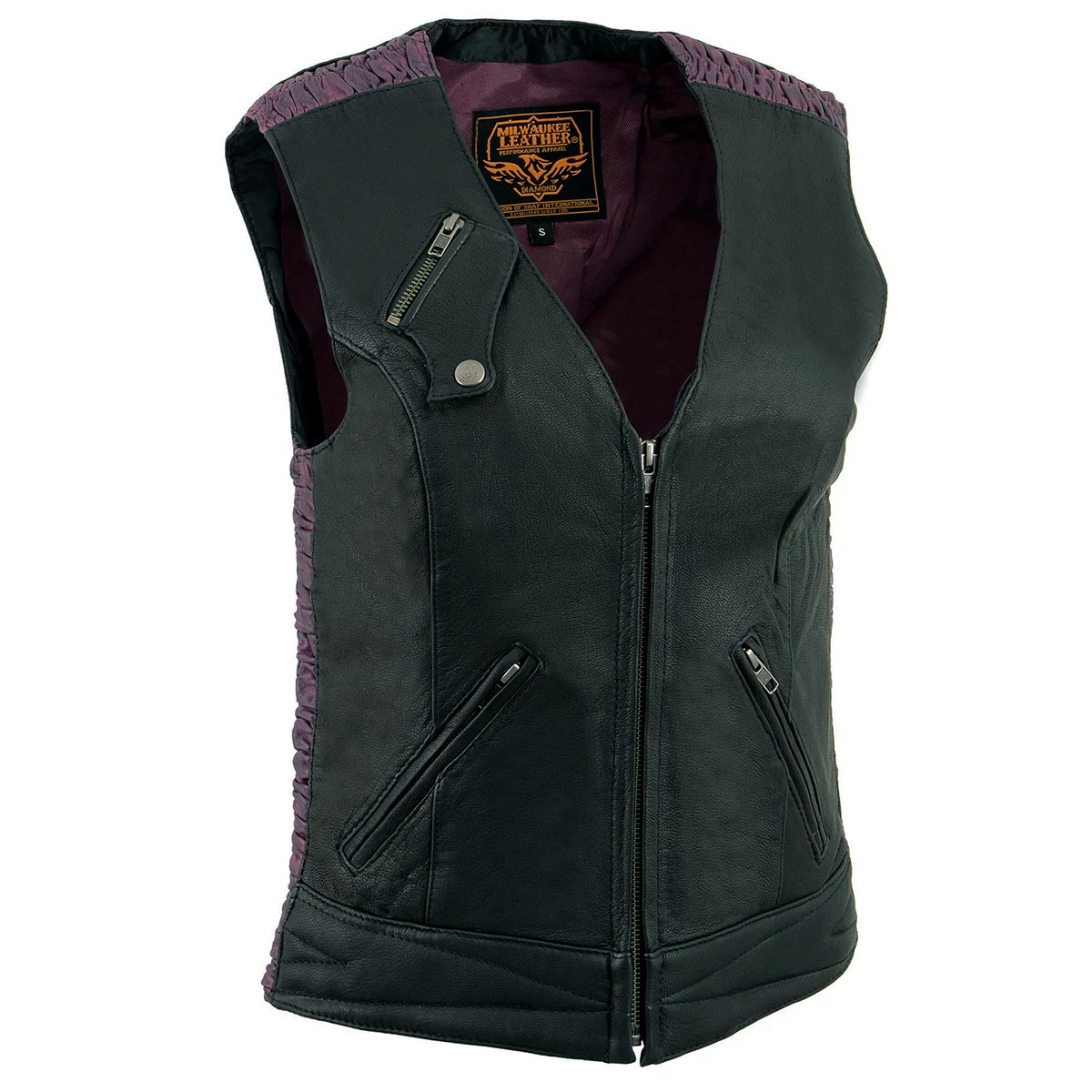 Motorcycle Vests Milwaukee Leather MLL4571 Ladies 'Crinkled' Black And Purple Lightweight Leather Vest