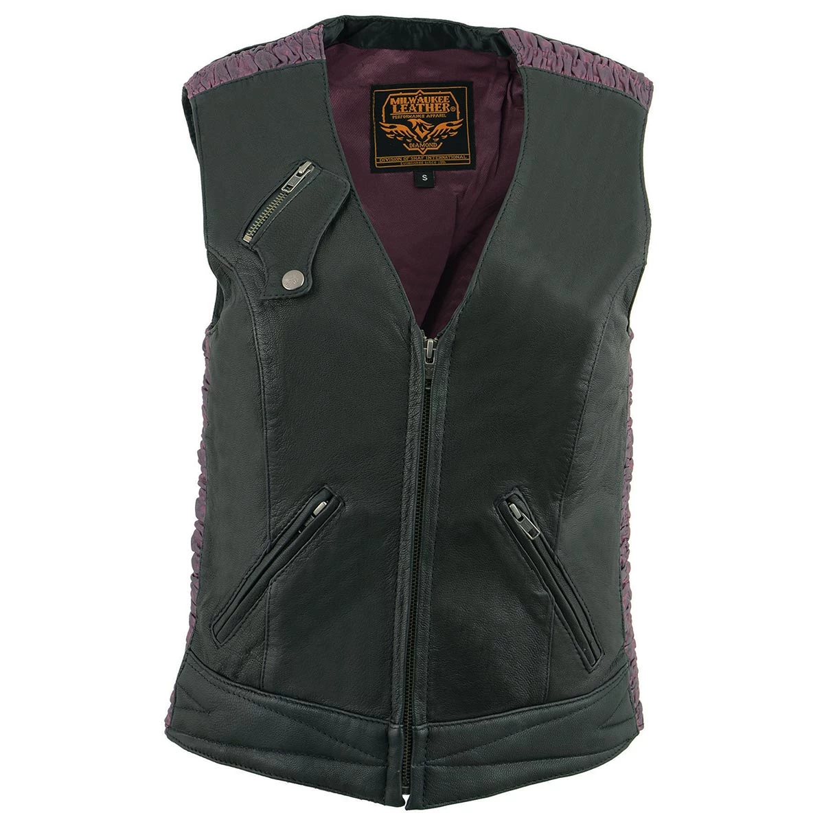 Motorcycle Vests Milwaukee Leather MLL4571 Ladies 'Crinkled' Black And Purple Lightweight Leather Vest