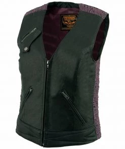 Motorcycle Vests Milwaukee Leather MLL4571 Ladies'Crinkled' Black And Purple Lightweight Leather Vest