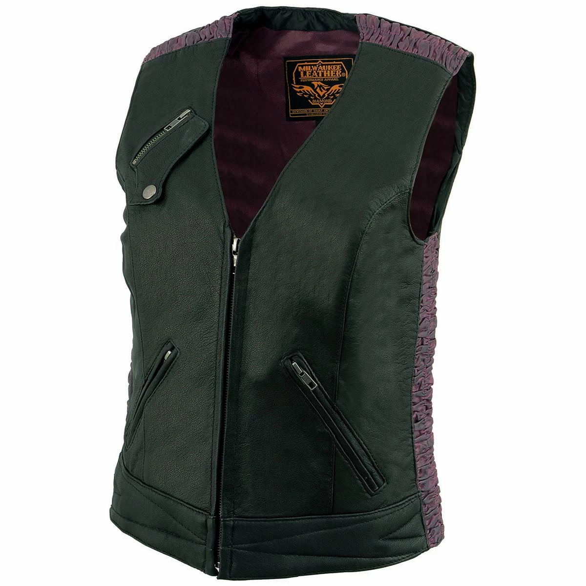 Motorcycle Vests Milwaukee Leather MLL4571 Ladies 'Crinkled' Black And Purple Lightweight Leather Vest