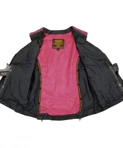 Milwaukee Leather MLL4571 Ladies'Crinkled' Black And Pink Lightweight Leather Vest Motorcycle Vests