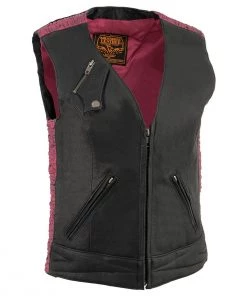Milwaukee Leather MLL4571 Ladies 'Crinkled' Black And Pink Lightweight Leather Vest Motorcycle Vests