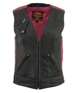 Milwaukee Leather MLL4571 Ladies'Crinkled' Black And Pink Lightweight Leather Vest Motorcycle Vests