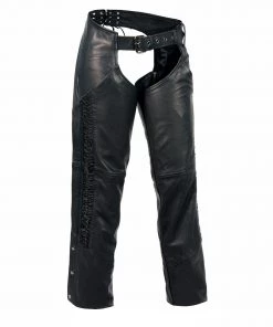 Milwaukee Leather MLL6500 Ladies Black Leather Hip Set Chaps With Crinkled Leg Striping