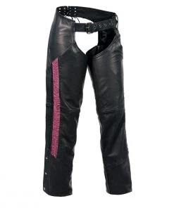 Milwaukee Leather MLL6500 Ladies Black And Fuchsia Leather Hip Set Chaps