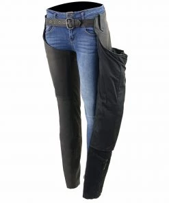 Milwaukee Leather MLL6501 Ladies'Crinkled' Black Leather Lightweight Low Rise Chaps Motorycle Pants & Chaps