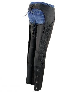 Milwaukee Leather MLL6501 Ladies'Crinkled' Black Leather Lightweight Low Rise Chaps Motorycle Pants & Chaps