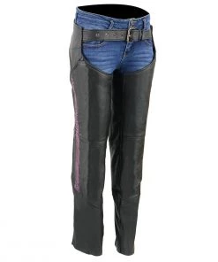 Milwaukee Leather MLL6501 Ladies 'Crinkled' Black And Purple Leather Lightweight Low-Rise Chaps Motorycle Pants & Chaps