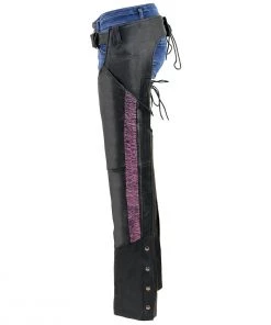 Milwaukee Leather MLL6501 Ladies'Crinkled' Black And Purple Leather Lightweight Low-Rise Chaps Motorycle Pants & Chaps