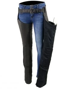 Milwaukee Leather MLL6501 Ladies'Crinkled' Black And Pink Leather Lightweight Low-Rise Chaps Motorycle Pants & Chaps