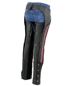 Milwaukee Leather MLL6501 Ladies'Crinkled' Black And Pink Leather Lightweight Low-Rise Chaps Motorycle Pants & Chaps