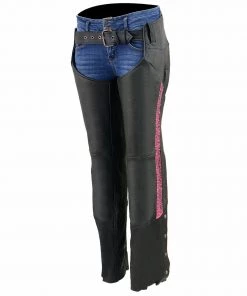 Milwaukee Leather MLL6501 Ladies'Crinkled' Black And Pink Leather Lightweight Low-Rise Chaps Motorycle Pants & Chaps