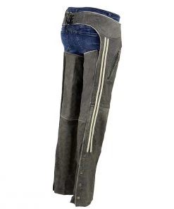 Milwaukee Leather MLL6505 Ladies Vintage Grey Slate Leather Chaps With Racing Stripes Motorycle Pants & Chaps