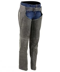 Milwaukee Leather MLL6505 Ladies Vintage Grey Slate Leather Chaps With Racing Stripes Motorycle Pants & Chaps