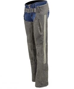 Milwaukee Leather MLL6505 Ladies Vintage Grey Slate Leather Chaps With Racing Stripes Motorycle Pants & Chaps