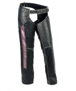 Motorycle Pants & Chaps Milwaukee Leather MLL6515 Women's 'Pink Stripe' Classic Black Rub-Off Low-Rise Leather Chaps