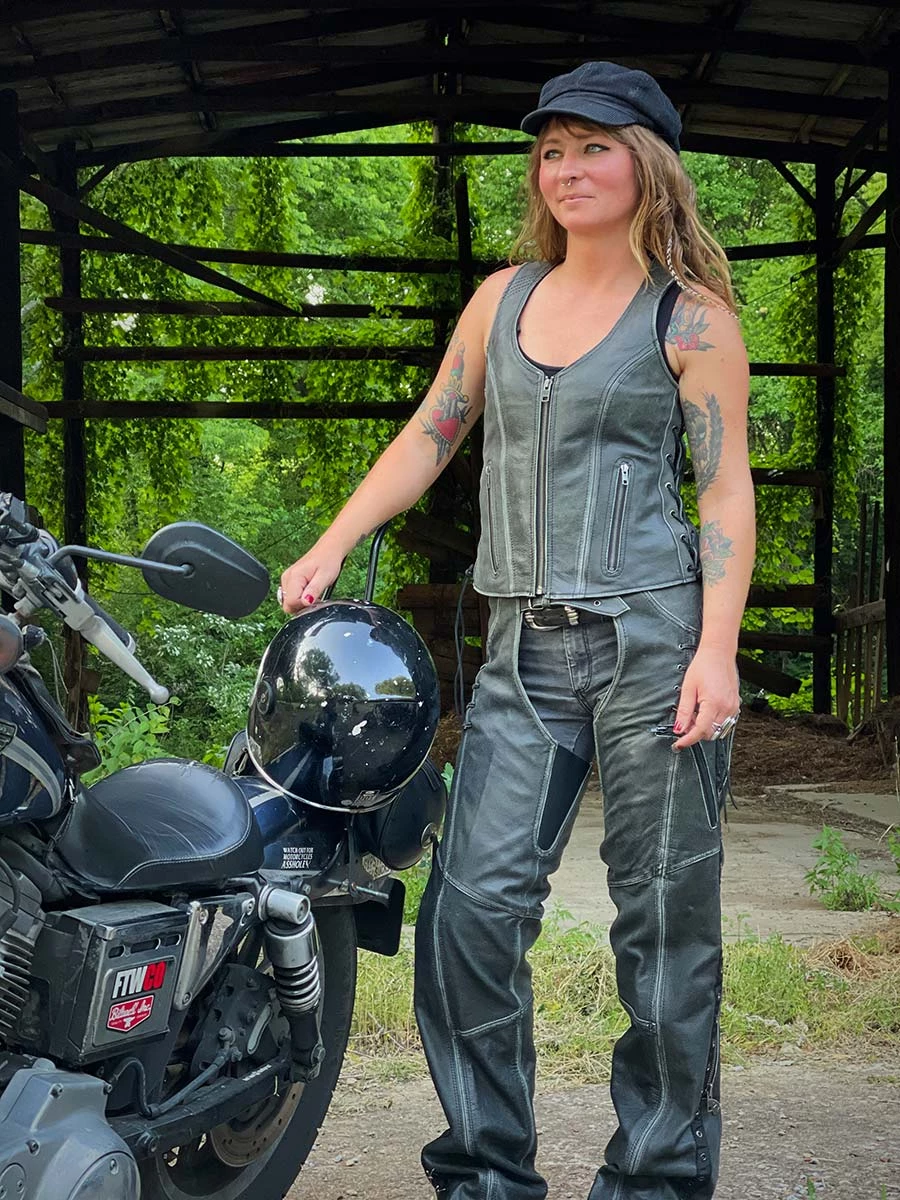 Motorycle Pants & Chaps Milwaukee Leather MLL6536 Women's 'Elegant' Distressed Grey Leather Chaps