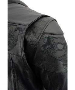 Milwaukee Leather MLM1500 Men's Crossover Black Leather Scooter Jacket With Reflective Skulls Leather Motorcycle Jackets
