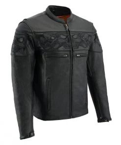 Milwaukee Leather MLM1500 Men's Crossover Black Leather Scooter Jacket With Reflective Skulls Leather Motorcycle Jackets