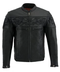 Milwaukee Leather MLM1500 Men's Crossover Black Leather Scooter Jacket With Reflective Skulls Leather Motorcycle Jackets