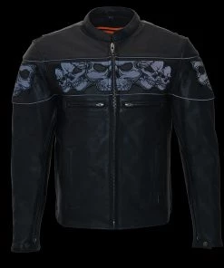 Milwaukee Leather MLM1500 Men's Crossover Black Leather Scooter Jacket With Reflective Skulls Leather Motorcycle Jackets
