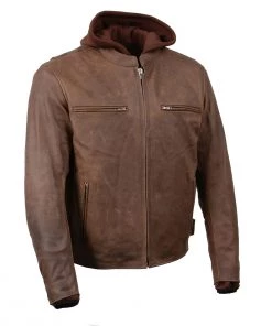 Leather Motorcycle Jackets Milwaukee Leather MLM1518 Men's 'Vintage Crazy Horse' Brown Leather Jacket With Full Sleeve Removable Hoodie