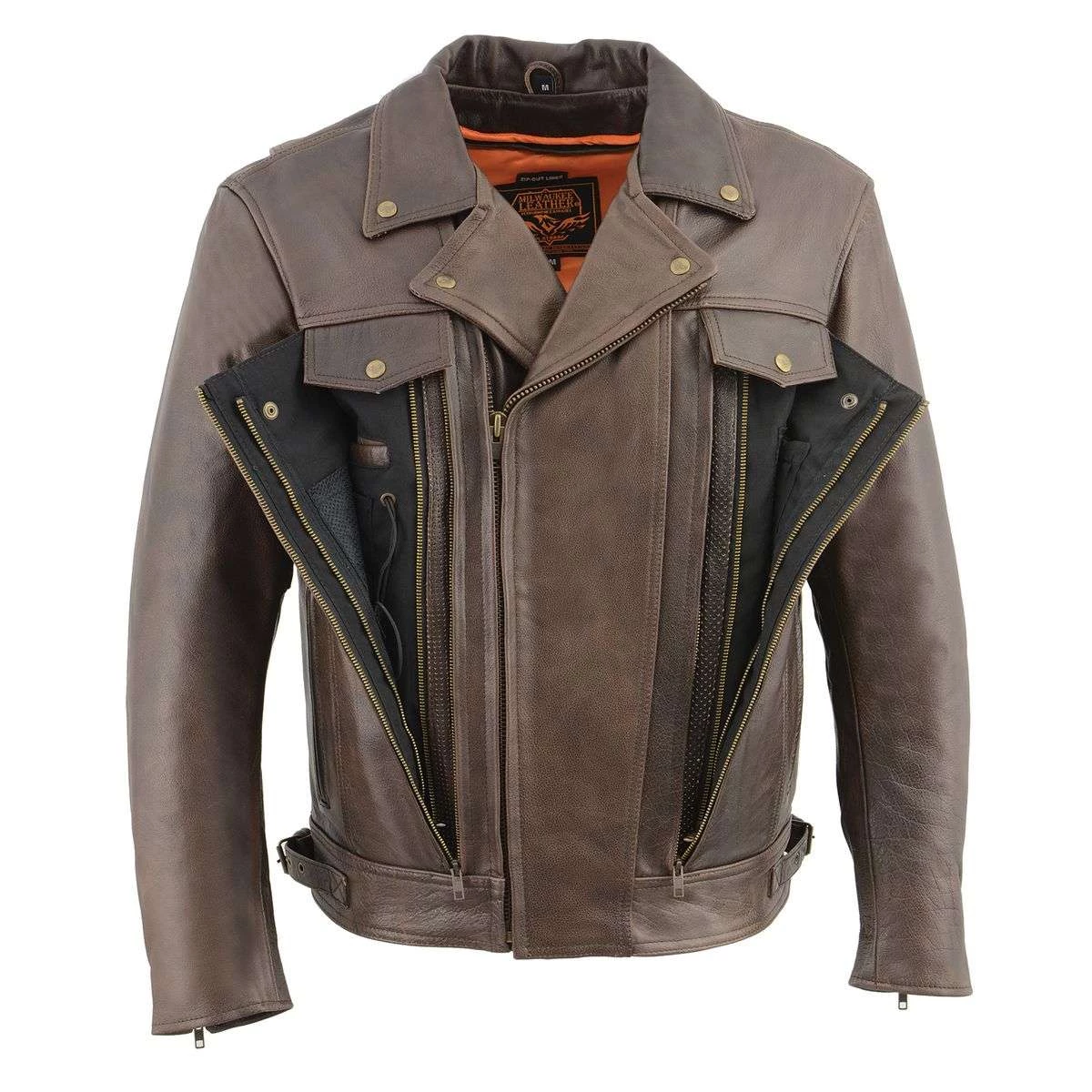 Leather Motorcycle Jackets Milwaukee Leather MLM1522 Men's ‘Vented’ Retro Brown Leather Motorcycle Jacket