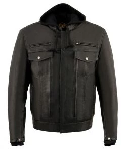 Leather Motorcycle Jackets Milwaukee Leather MLM1537 Men's Black Leather ‘Utility Pocket’ Vented Jacket With Removable Hoodie