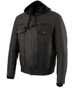 Leather Motorcycle Jackets Milwaukee Leather MLM1537 Men's Black Leather ‘Utility Pocket’ Vented Jacket With Removable Hoodie