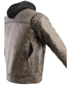 Milwaukee Leather MLM1538 Men's Distressed Brown Leather ‘Utility Pocket’ Vented Jacket With Removable Hoodie Motorcycle Vests