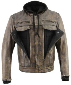 Milwaukee Leather MLM1538 Men's Distressed Brown Leather ‘Utility Pocket’ Vented Jacket With Removable Hoodie Motorcycle Vests