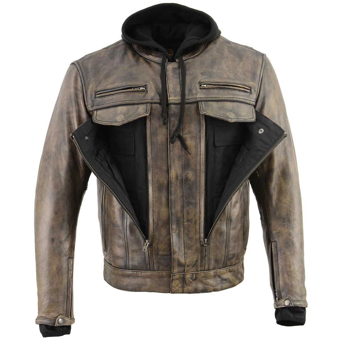 Milwaukee Leather MLM1538 Men's Distressed Brown Leather ‘Utility Pocket’ Vented Jacket With Removable Hoodie Motorcycle Vests