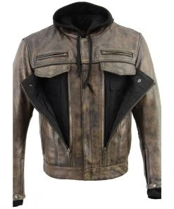 Milwaukee Leather MLM1538 Men's Distressed Brown Leather ‘Utility Pocket’ Vented Jacket With Removable Hoodie Motorcycle Vests