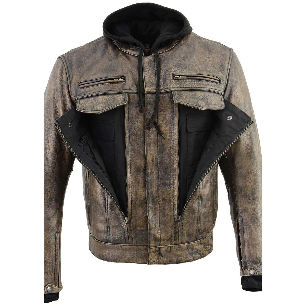 Milwaukee Leather MLM1538 Men's Distressed Brown Leather ‘Utility Pocket’ Vented Jacket With Removable Hoodie Motorcycle Vests