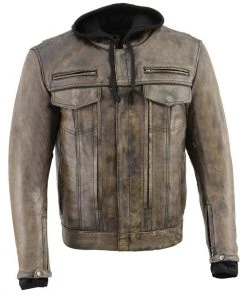Milwaukee Leather MLM1538 Men's Distressed Brown Leather ‘Utility Pocket’ Vented Jacket With Removable Hoodie Motorcycle Vests