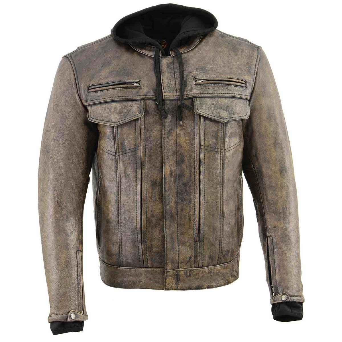 Milwaukee Leather MLM1538 Men's Distressed Brown Leather ‘Utility Pocket’ Vented Jacket With Removable Hoodie Motorcycle Vests