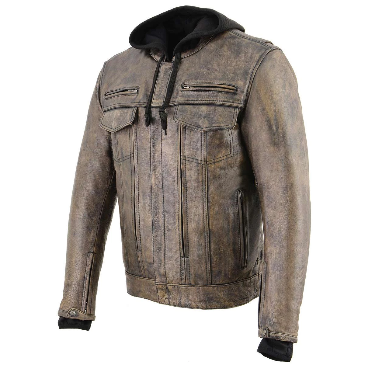 Milwaukee Leather MLM1538 Men's Distressed Brown Leather ‘Utility Pocket’ Vented Jacket With Removable Hoodie Motorcycle Vests