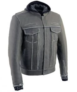 Leather Motorcycle Jackets Milwaukee Leather MLM1539 Men's Distressed Grey Leather ‘Utility Pocket’ Vented Jacket With Removable Hoodie