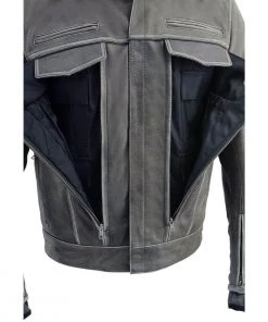 Leather Motorcycle Jackets Milwaukee Leather MLM1539 Men's Distressed Grey Leather ‘Utility Pocket’ Vented Jacket With Removable Hoodie