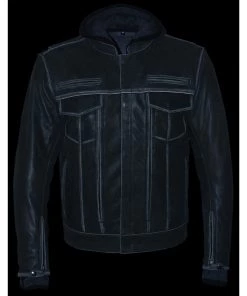 Leather Motorcycle Jackets Milwaukee Leather MLM1539 Men's Distressed Grey Leather ‘Utility Pocket’ Vented Jacket With Removable Hoodie