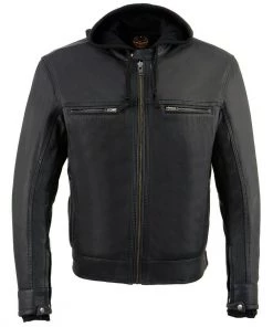 Leather Motorcycle Jackets Milwaukee Leather MLM1552 Men's Black Leather ‘Utility Pocket’ Vented Jacket With Removable Hoodie