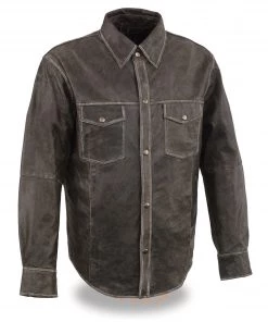 Leather Shirts Milwaukee Leather MLM1605 Men's'Button Down' Distressed Grey Lightweight Leather Shirt