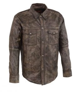 Milwaukee Leather MLM1606 Men's 'Button Down' Distressed Brown Leather Shirt Leather Shirts