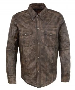 Milwaukee Leather MLM1606 Men's'Button Down' Distressed Brown Leather Shirt Leather Shirts