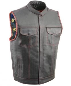 Motorcycle Vests Milwaukee Leather MLM3506 Men’s ‘Old Glory’ Black Leather With Red Stitching Vest And Laced Arm Holes