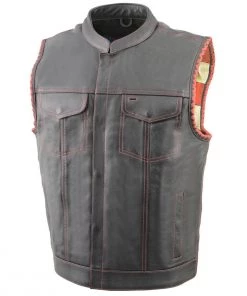 Motorcycle Vests Milwaukee Leather MLM3506 Men’s ‘Old Glory’ Black Leather With Red Stitching Vest And Laced Arm Holes