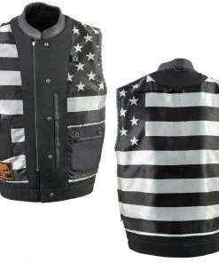 Motorcycle Vests Milwaukee Leather MLM3507 Men’s ‘Old Glory’ Black Leather With Grey Stitching Vest And Laced Arm Holes