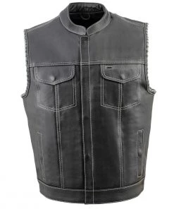 Motorcycle Vests Milwaukee Leather MLM3507 Men’s ‘Old Glory’ Black Leather With Grey Stitching Vest And Laced Arm Holes
