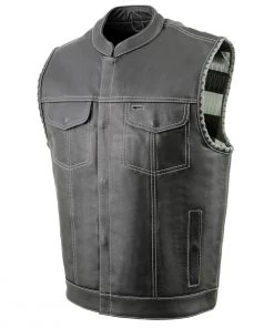 Motorcycle Vests Milwaukee Leather MLM3507 Men’s ‘Old Glory’ Black Leather With Grey Stitching Vest And Laced Arm Holes